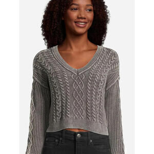 Aeropostale Slouchy Cable-Knit Cropped V-Neck Sweater Size XL Gray Cotton Blend